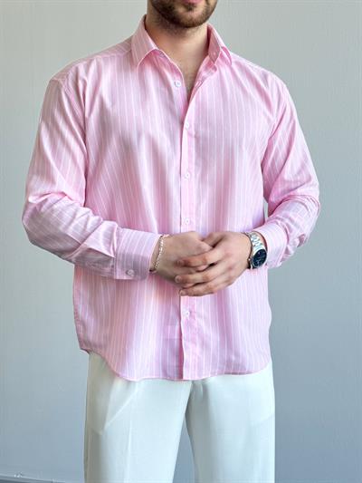 Erkek Özel Davet İle Satışa Sunuldu Oversize Kalıp Çizgi Detaylı Gömlek-Pembe(E1306)