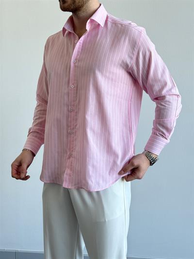 Erkek Özel Davet İle Satışa Sunuldu Oversize Kalıp Çizgi Detaylı Gömlek-Pembe(E1306)