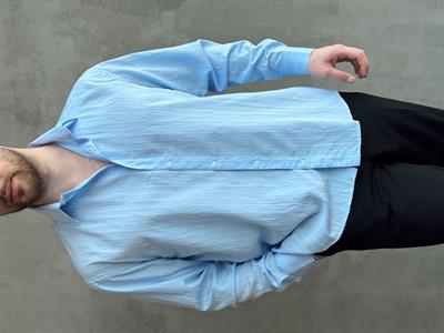 Erkek Özel Kesim Oversize Kalıp Kendiliğinden Çizgili Gömlek-Bebe Mavi(E1686)