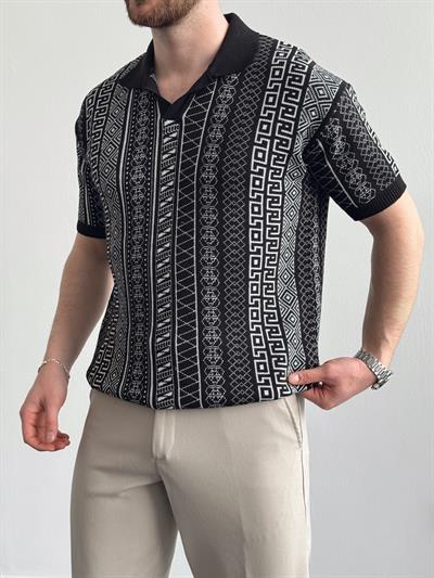 Erkek Özel Koleksiyon Desenli Polo Yaka Triko T-Shirt-Siyah(E1327)