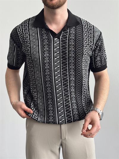Erkek Özel Koleksiyon Desenli Polo Yaka Triko T-Shirt-Siyah(E1327)