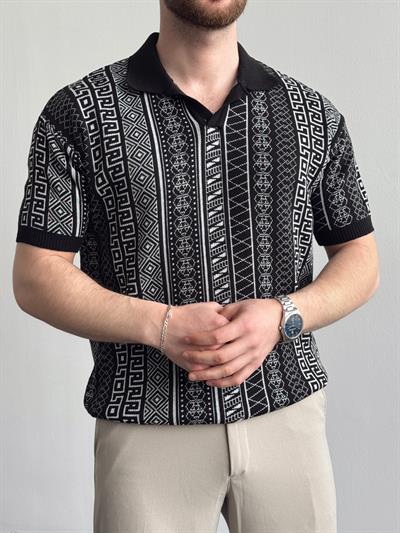 Erkek Özel Koleksiyon Desenli Polo Yaka Triko T-Shirt-Siyah(E1327)