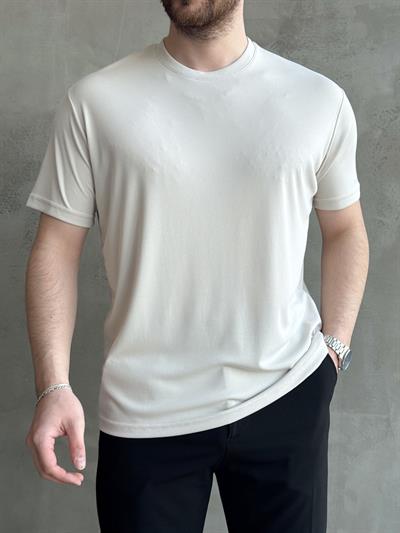 Erkek Özel Premium Seri Oversize Kalıp Bisiklet Yaka Luxury Comfort T-Shirt-Bej(1628)