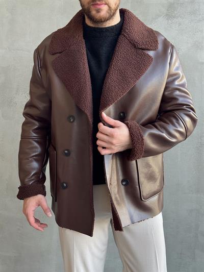 Erkek Özel Premium Seri Oversize Kalıp İçi Kürklü Cep Detaylı Deri Ceket-Kahverengi(E1503)Ketench