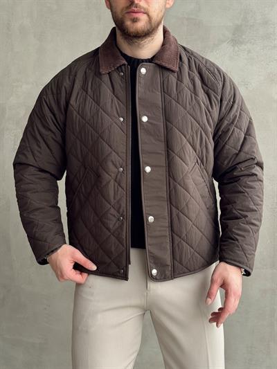 Erkek Özel Premium Seri Oversize Kalıp Çıtçıt Detay Baklava Desenli Ceket-Kahverengi(E1568)