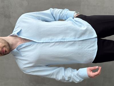 Erkek Özel Premium Seri Oversize Kalıp Çizgi Detaylı Lyocell Kumaş Gömlek-Bebe Mavi(E1679)