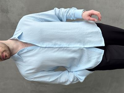 Erkek Özel Premium Seri Oversize Kalıp Çizgi Detaylı Lyocell Kumaş Gömlek-Bebe Mavi(E1679)