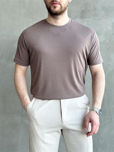 Erkek Özel Premium Seri Oversize Kalıp Bisiklet Yaka Luxury Comfort T-Shirt-Kahverengi(1628)