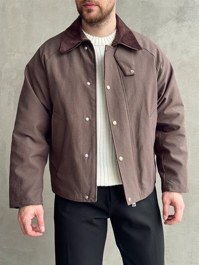 Erkek Özel Premium Seri Oversize Kalıp Kadife Yaka Çıt çıt Detay Kot Ceket-Dark(E1531)