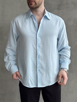 Erkek Özel Premium Seri Oversize Kalıp Çizgi Detaylı Lyocell Kumaş Gömlek-Bebe Mavi(E1679)