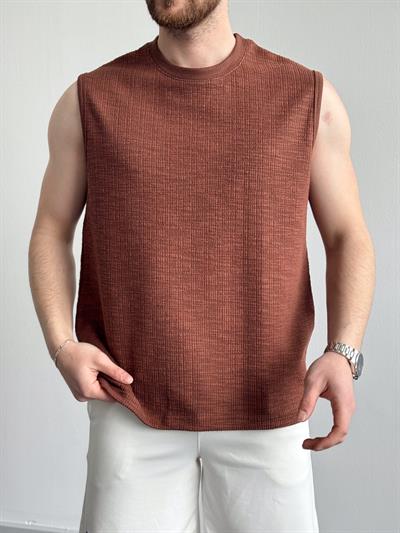Erkek Özel Premium Seri Regular Fit Dokulu Kolsuz T-Shirt-Kahverengi(E1354)