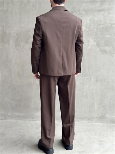 Erkek Özel Premium Seri Relaxed Fit Kalıp Kruvaze Yaka Takım Elbise-Kahverengi(E1743)