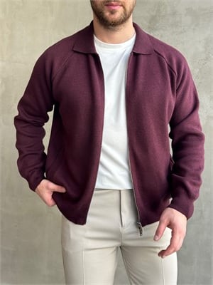 Erkek Özel Premium Seri Regular Kalıp Çift Fermuarlı Polo Yaka Triko Hırka-Bordo(E1857)