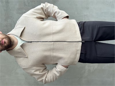 Erkek Özel Premium Seri Relax Fit Çift Fermuarlı Crop Kesim Kaşe Ceket-Bej(E1831)