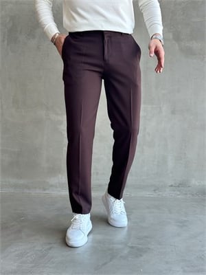 Erkek Özel Premium Seri Yüksek Bel Kopçalı Comfort Slim Kalıp Kışlık Kumaş Pantolon-Kahverengi(E1822)