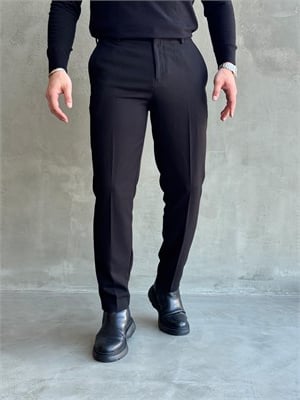 Erkek Özel Premium Seri Yüksek Bel Kopçalı Comfort Slim Kalıp Kışlık Kumaş Pantolon-Siyah(E1822)