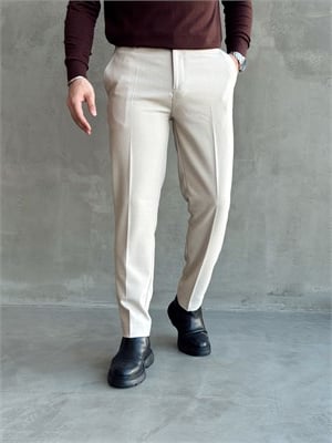 Erkek Özel Premium Seri Yüksek Bel Kopçalı Comfort Slim Kalıp Kışlık Kumaş Pantolon-Bej(E1822)