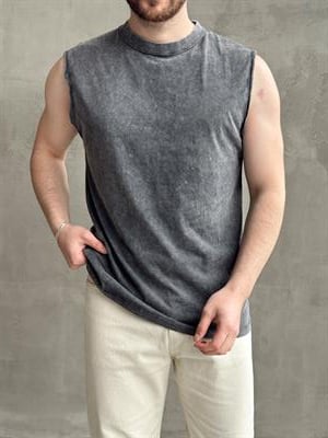 Erkek Özel Seri Yıkama Detay Oversize Kalıp Bisiklet Yaka Sıfır Kol T-Shirt-Siyah(E1672)