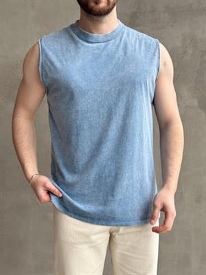 Erkek Özel Seri Yıkama Detay Oversize Kalıp Bisiklet Yaka Sıfır Kol T-Shirt-Mavi(E1672)