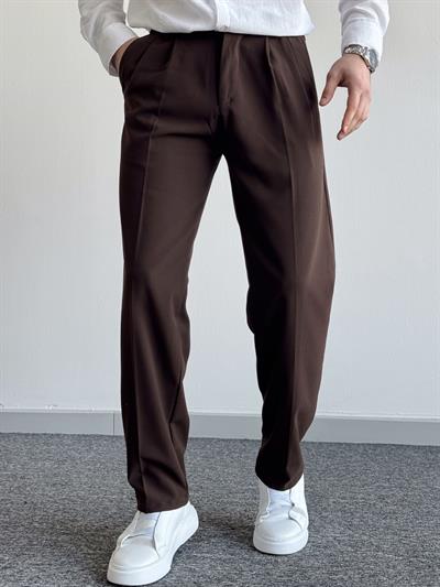 Erkek Pileli Baggy Beli Lastikli Kumaş Pantolon-Acı Kahve(E1010)