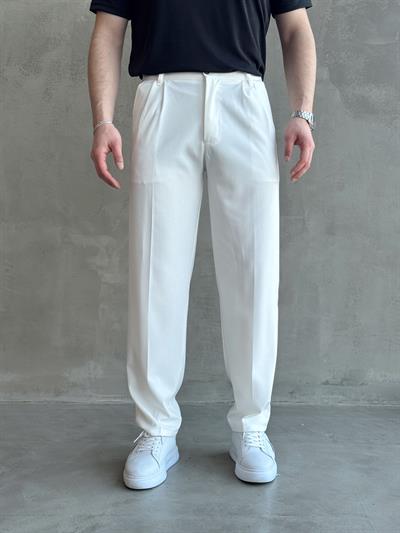 Erkek Pileli Baggy Beli Lastikli Kumaş Pantolon-Beyaz(E1010)