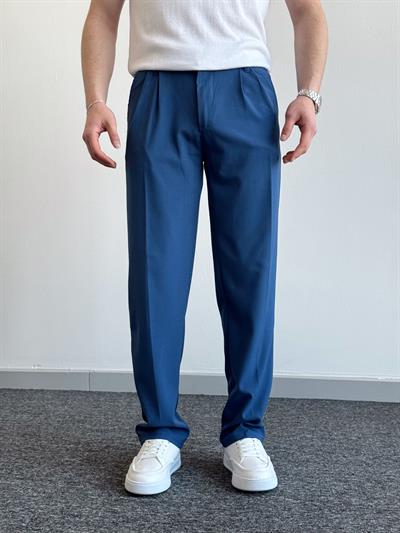 Erkek Pileli Baggy Beli Lastikli Kumaş Pantolon-Koyu Mavi(E1010)