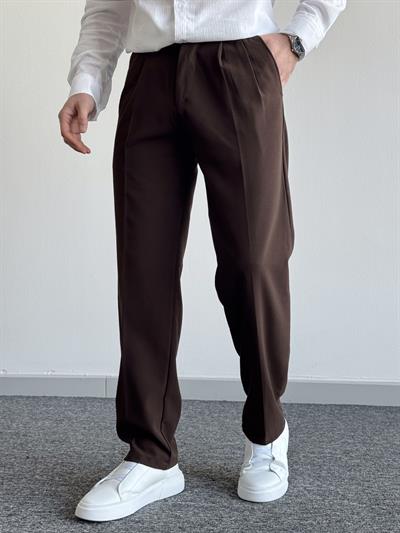 Erkek Pileli Baggy Beli Lastikli Kumaş Pantolon-Acı Kahve(E1010)
