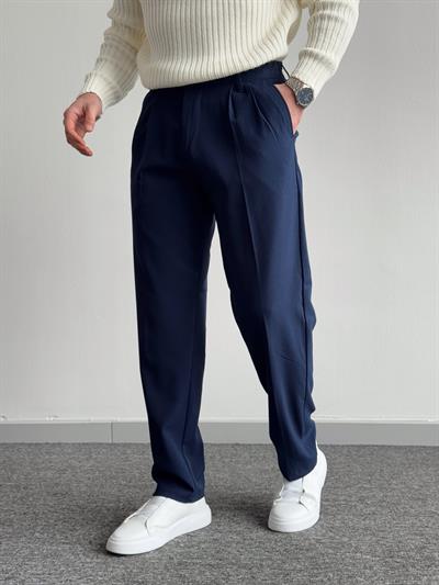 Erkek Pileli Baggy Beli Lastikli Kumaş Pantolon-Lacivert(E1010)