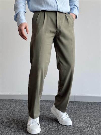 Erkek Pileli Baggy Beli Lastikli Kumaş Pantolon-Yeşil(E1010)