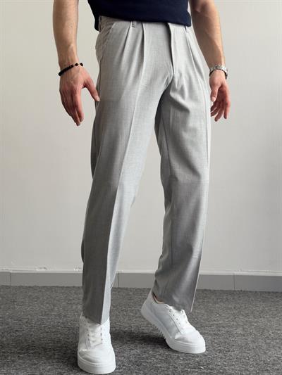 Erkek Pileli Baggy Beli Lastikli Kumaş Pantolon-Gri(E1010)