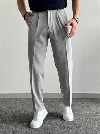 Erkek Pileli Baggy Beli Lastikli Kumaş Pantolon-Gri(E1010)