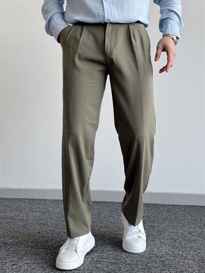 Erkek Pileli Baggy Beli Lastikli Kumaş Pantolon-Yeşil(E1010)