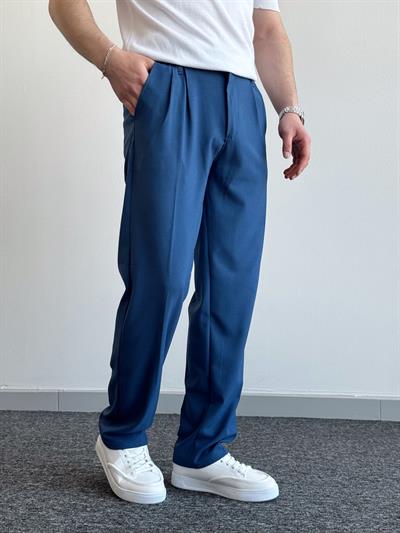 Erkek Pileli Baggy Beli Lastikli Kumaş Pantolon-Koyu Mavi(E1010)