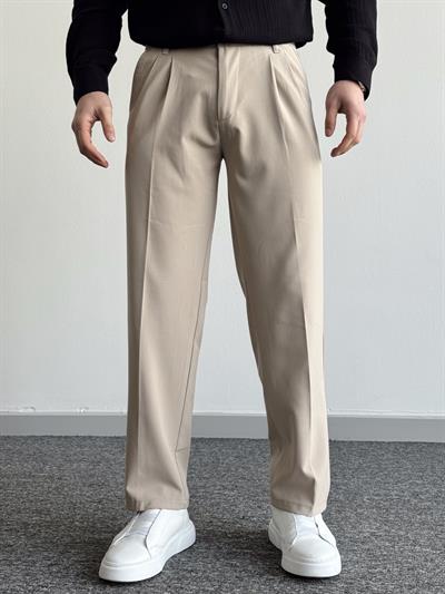 Erkek Pileli Baggy Beli Lastikli Kumaş Pantolon-Bej(E1010)