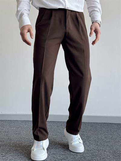 Erkek Pileli Baggy Beli Lastikli Kumaş Pantolon-Acı Kahve(E1010)