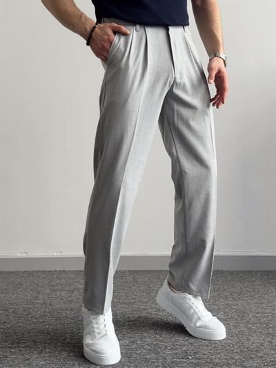 Erkek Pileli Baggy Beli Lastikli Kumaş Pantolon-Gri(E1010)