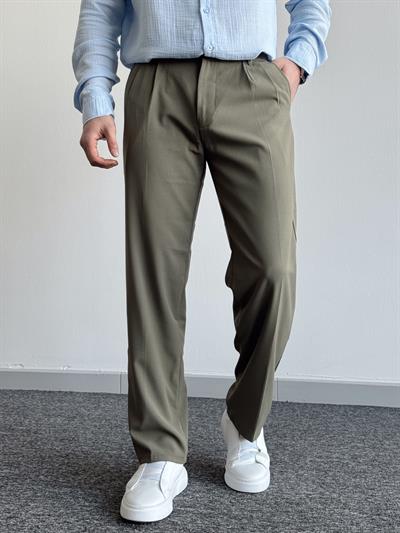 Erkek Pileli Baggy Beli Lastikli Kumaş Pantolon-Yeşil(E1010)