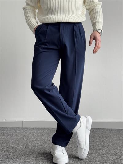 Erkek Pileli Baggy Beli Lastikli Kumaş Pantolon-Lacivert(E1010)