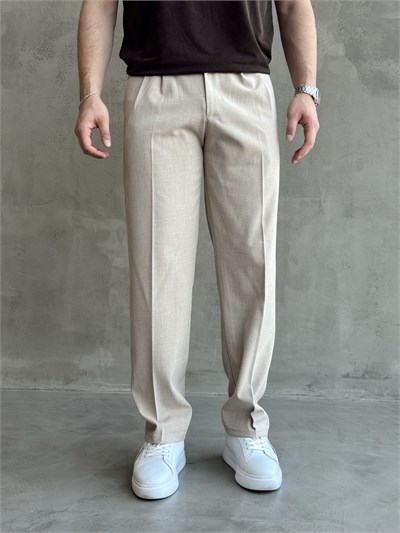 Erkek Pileli Baggy Beli Lastikli Kumaş Pantolon-Sütlü Kahve(E1010)