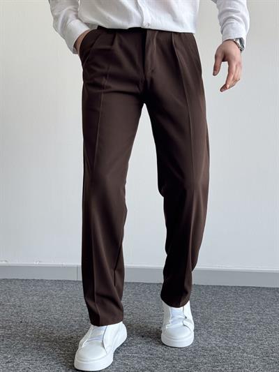 Erkek Pileli Baggy Beli Lastikli Kumaş Pantolon-Acı Kahve(E1010)Ketench