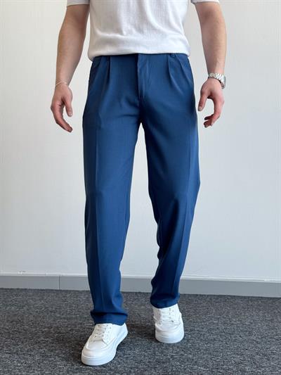 Erkek Pileli Baggy Beli Lastikli Kumaş Pantolon-Koyu Mavi(E1010)