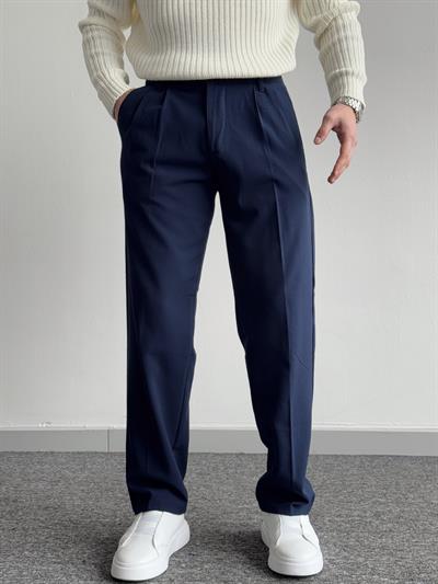 Erkek Pileli Baggy Beli Lastikli Kumaş Pantolon-Lacivert(E1010)