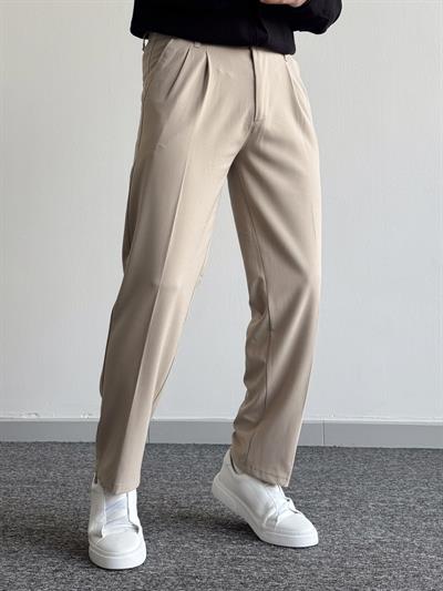 Erkek Pileli Baggy Beli Lastikli Kumaş Pantolon-Bej(E1010)