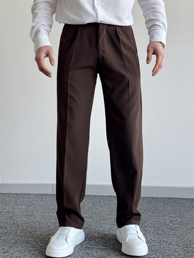 Erkek Pileli Baggy Beli Lastikli Kumaş Pantolon-Acı Kahve(E1010)