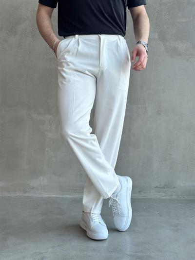 Erkek Pileli Baggy Beli Lastikli Kumaş Pantolon-Beyaz(E1010)