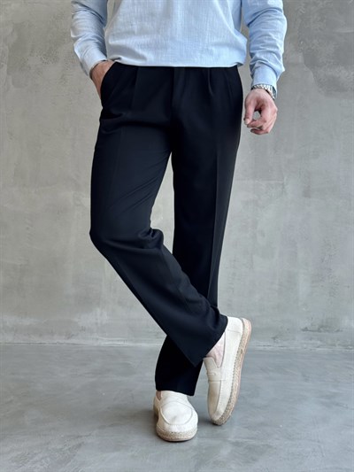 Erkek Pileli Baggy Beli Lastikli Kumaş Pantolon-Siyah(E1010)