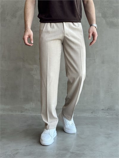 Erkek Pileli Baggy Beli Lastikli Kumaş Pantolon-Sütlü Kahve(E1010)