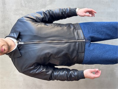Erkek Popüler Model Regular Kalıp Fermuarlı Dik Yaka Suni Deri Bomber Ceket-Siyah(E1877)