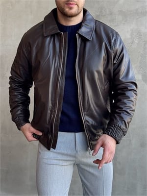 Erkek Popüler Model Regular Kalıp Fermuarlı Dik Yaka Suni Deri Bomber Ceket-Kahverengi(E1877)