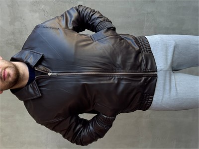 Erkek Popüler Model Regular Kalıp Fermuarlı Dik Yaka Suni Deri Bomber Ceket-Kahverengi(E1877)